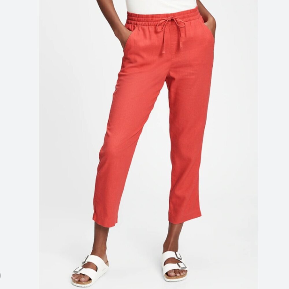 Old Navy Easy Straight Pull On Red Drawstring Lounge Loose Fit Cotton Pants 2